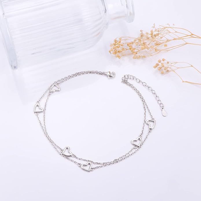 Flyow Anklet for Women S925 Sterling Silver Adjustable Foot Beaded Heart Charm Ankle Bracelet Anklets Jewelry