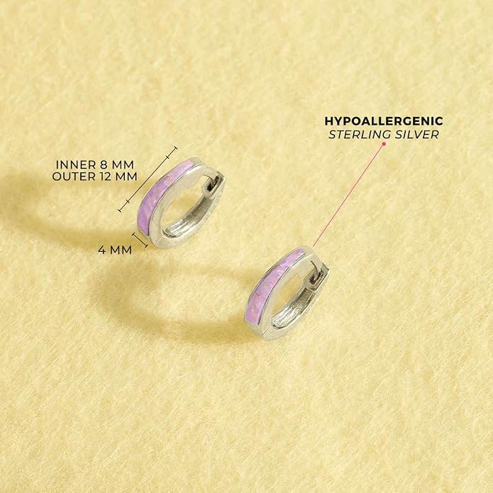 925 Sterling Silver Chunky Simulated Opal Inlay Huggie Hoop Earrings For Little Girls and Preteens 8mm - Young Girls Chunky Hoop Earrings For Everyday Use
