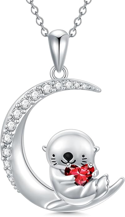 PROESS Animal Birthstone Necklace 925 Sterling Silver Otter/Axolotl/Hippo/Elephant/Dachshund/Monkey/Red Panda Pendant Necklace Animal Birthstone Jewelry Gifts for Women