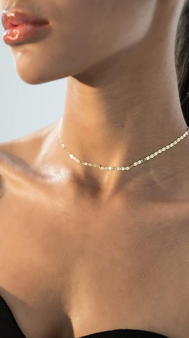 Miabella 925 Sterling Silver, 18K Gold Plated 925 Sterling Silver Figaro, Beaded Singapore, Sparkle, Cuban Link Chain, Choker Necklace for Women Made in Italy