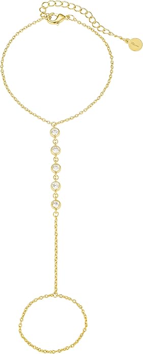 Faire de la Mode Dainty Hand Chain Bracelet for Women – Adjustable 14k Gold Plated Ring Bracelet Hand Chain with AAA CZ Tarnish-Resistant Jewelry for Small to Medium Hands