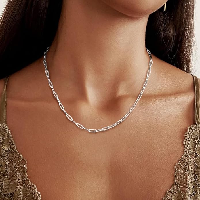PROSILVER 925 Sterling Silver Paperclip Chain Necklace for Women Jewelry, with Gold/Rose Gold Plated, W: 1.7mm/3.3mm, L: 14"/16"/18"/20"/22"/24", Adjustable, Come with Box