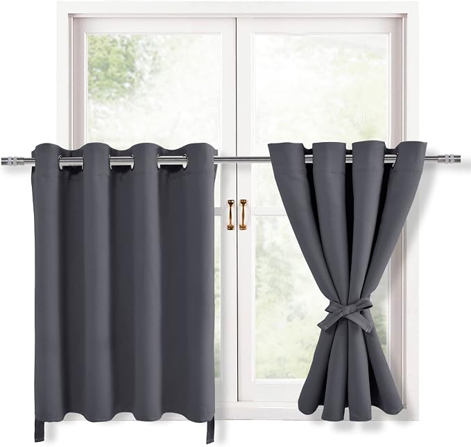 Hiasan Grommet Blackout Curtains for Bedroom, 52 x 36 Inches Long - Thermal Insulated & Light Blocking Window Curtains for Living Room, 2 Drape Panels Sewn with Tiebacks, Dark Grey