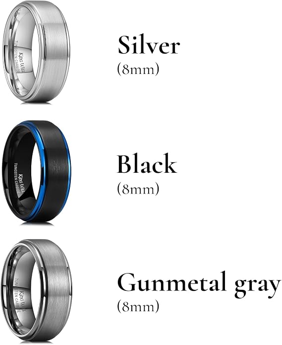 King Will Classic Tungsten Wedding Band for Men, 6/7/8/9/10mm Widths, Polished Finish Step Edge Matte Rings Comfort Fit