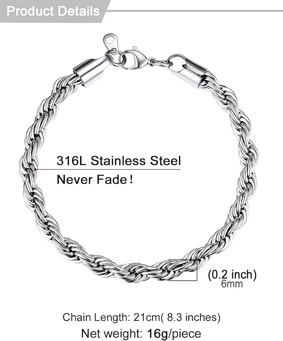 U7 Link Bracelets for Men, Cuban Link/Rope/Watch Band Solid Bracelet, Silver Black Gold Color Wrist Bracelet 3/6/9/12/15mm Width, 6.5/7.5/8.3 Inch Length, Hand Chain Jewelry for Mens Women