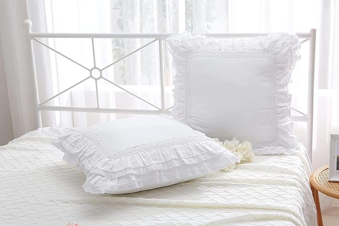 Lace White Euro Shams Throw Pillow Covers Cushion Cases with Ruffles Cotton 20"X20" Zipper Closure Luxury Elegant 2-Pack