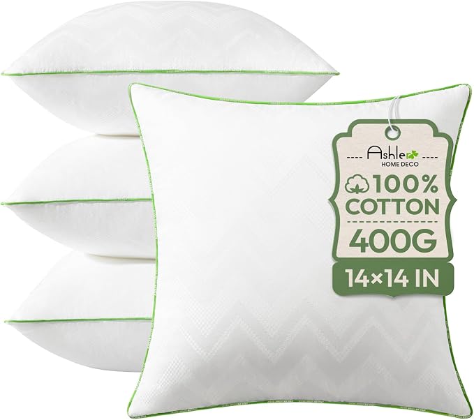 Ashler 14x14 Pillows Insert (Set of 4) - Throw Pillow Inserts with 100% Cotton Cover - 14 Inch Square Interior Sofa Stuffer Pillow Inserts -Decorative White Couch Pillow