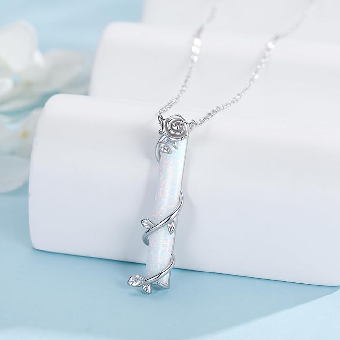 Bar Opal Leaf Necklace For Women S925 Sterling Silver White Opal Pendant with Leaf Charm Bar Pendant Jewelry Gift For Mom Daughter Wife