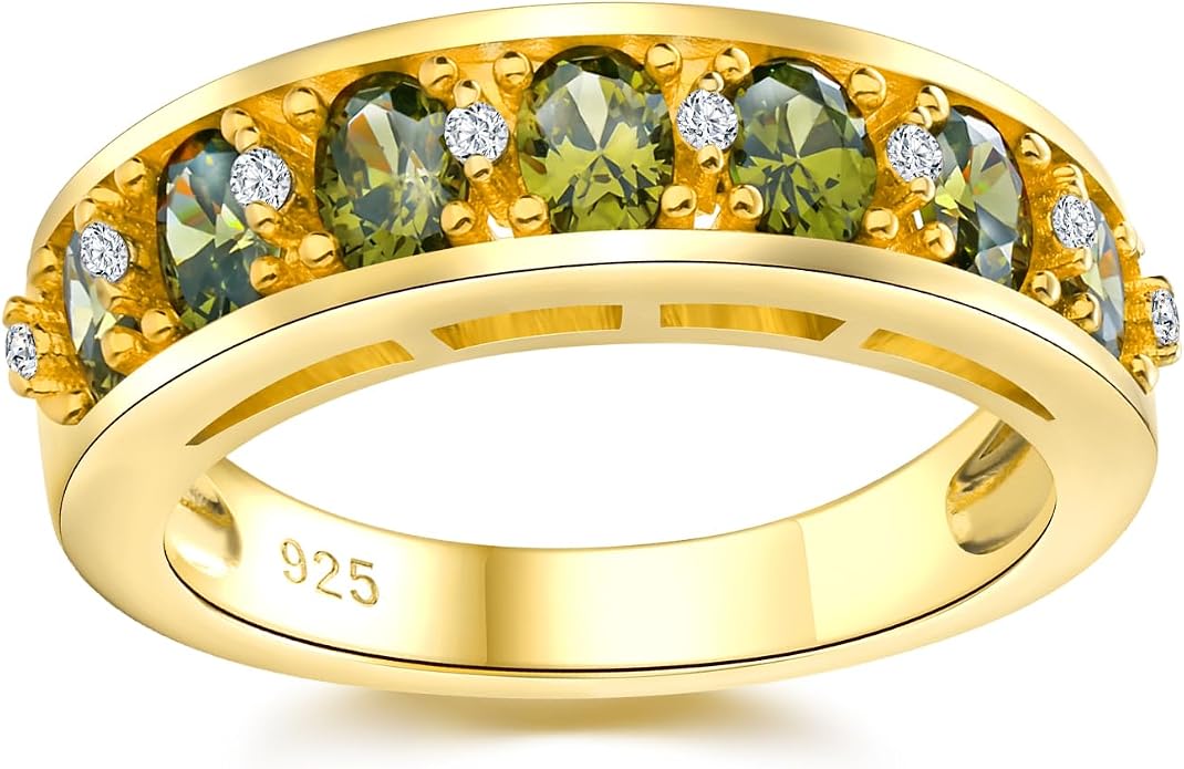 DAYBYDAY Oval Band Rings for Women, 925 Sterling Silver/14k Gold Plated Half Eternity Ring, Aquamarine/Ruby/Emerald/Sapphire Birthstone Rings, Thick Band Gemstone Anniversary Ring Size 6 to 10