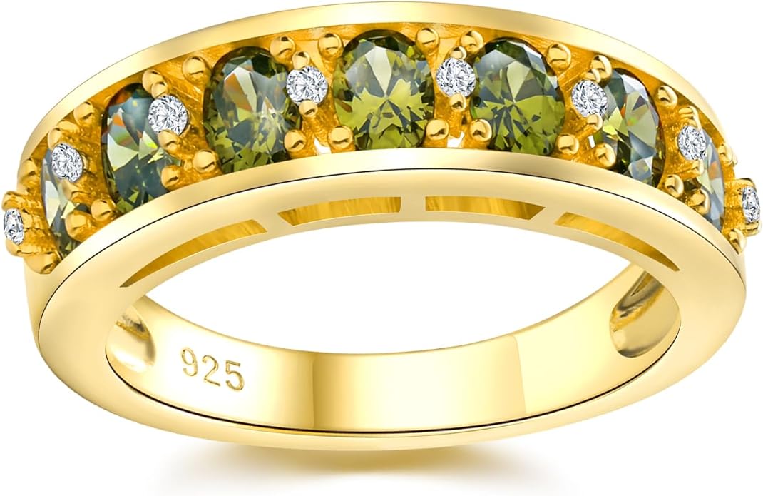 DAYBYDAY Oval Band Rings for Women, 925 Sterling Silver/14k Gold Plated Half Eternity Ring, Aquamarine/Ruby/Emerald/Sapphire Birthstone Rings, Thick Band Gemstone Anniversary Ring Size 6 to 10