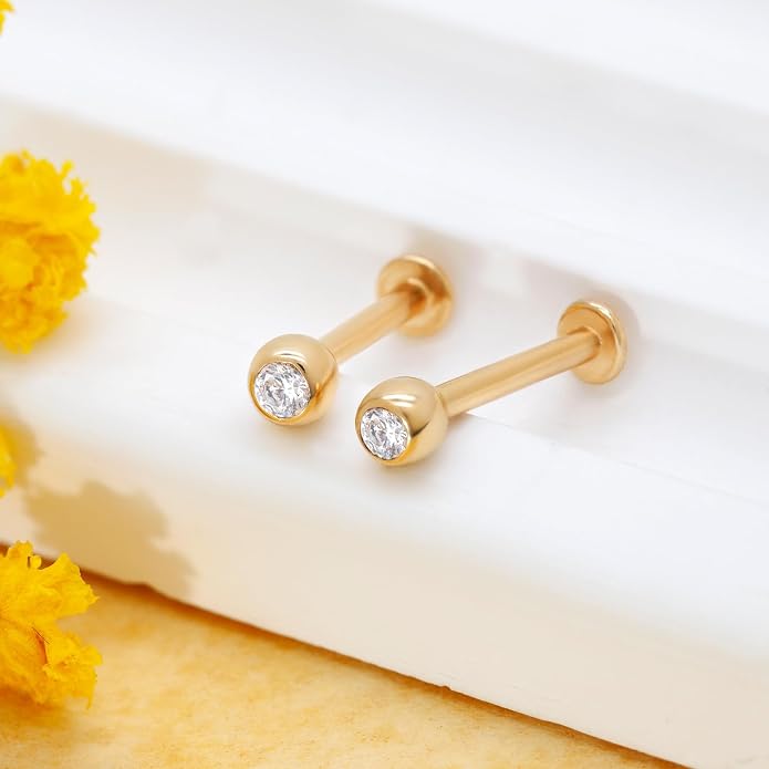 14k Yellow/White Gold Body Jewelry Earrings for Women Threaded Micro CZ Gem Top Tragus/Helix/Labret Stud 16G 6mm 8mm