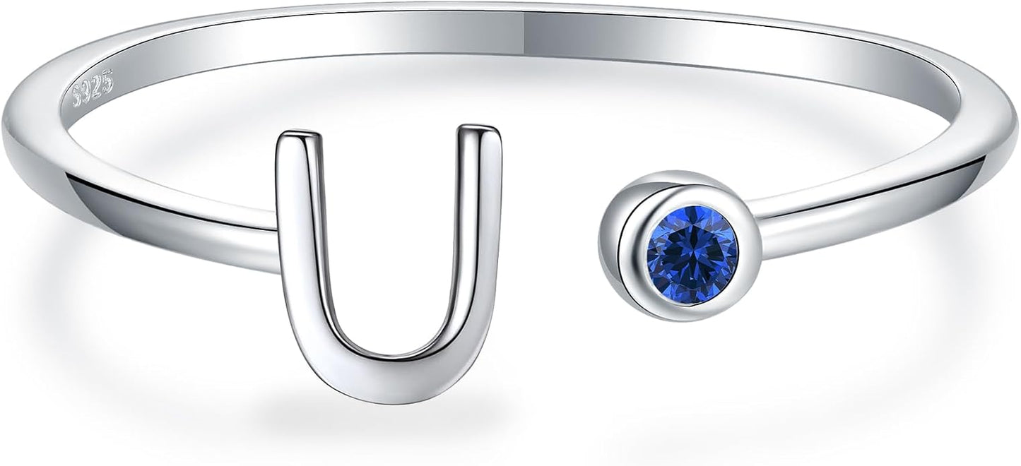925 Sterling Silver Initial Letter Birthstone Rings for Women Adjustable 1-12 Month Birthstone Alphabet Stacking Ring for Teens Girls Stackable Birthstone Rings Birthday Jewelry Gift for Daughter Mom