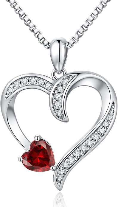 Love Heart Necklace for Women, 925 Sterling Silver Cubic Zirconia Birthstone Heart Pendant Jewelry Gift for Mom, Mother, Wife, Girlfriend on Birthday, Mother's Day, Chain 18 inch