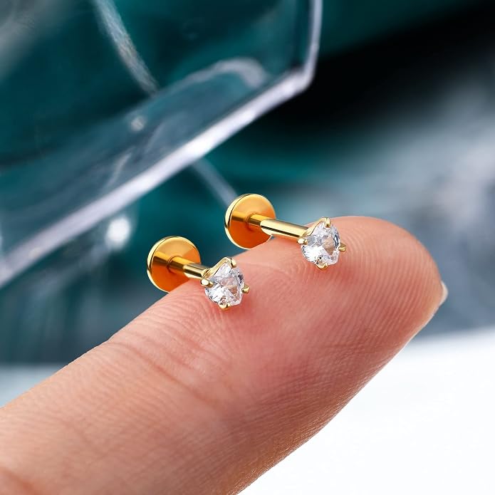 Cocharm 14K Gold Cartilage Earring Stud Yellow Gold Flat Back Helix Stud Push in Tragus Earring
