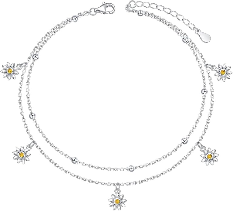 Ladytree S925 Sterling Silver Boho Beach Double Layer Anklets Bracelet for Women Adjustable 9 to 11 inches