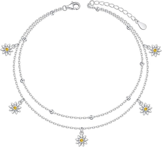 Ladytree S925 Sterling Silver Boho Beach Double Layer Anklets Bracelet for Women Adjustable 9 to 11 inches