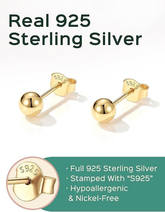 ChicSilver 925 Sterling Silver Earrings Dainty Bar/Circle/Triangle/Star/Ball Stud Earrings for Women with Gift Box, Hypoallergenic Earrings for Sensitive Ears