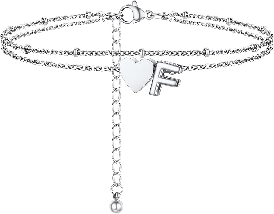 Initial Ankle Bracelets for Women, Dainty Stainless Steel Letter A-Z Layered Anklets, Heart Ankle Bracelet 8.5"-10.5" Adjustable, Summer Beach Jewelry, Come with Box