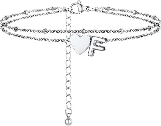 Initial Ankle Bracelets for Women, Dainty Stainless Steel Letter A-Z Layered Anklets, Heart Ankle Bracelet 8.5"-10.5" Adjustable, Summer Beach Jewelry, Come with Box