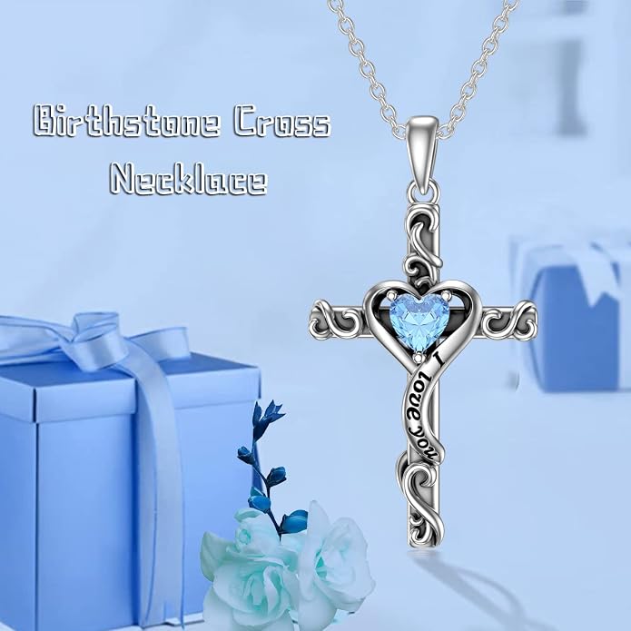 TOUPOP Cross Birthstone Necklace for Women 925 Sterling Silver Heart Cross Pendant I Love You Jewelry Anniversary Birthday Mothers Day Gifts for Mom Wife Her
