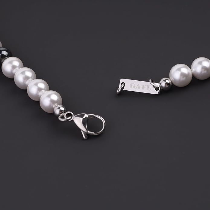 GAVU Men's Pearl Necklace, Pearl Jewelry Crystal Beaded Necklace for Men 20"/22"/24"/26"