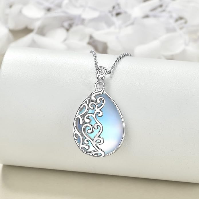YAFEINI 925 Sterling Silver Moonstone Necklace Filigree Teardrop Pendant Necklace Jewelry for Women Girls