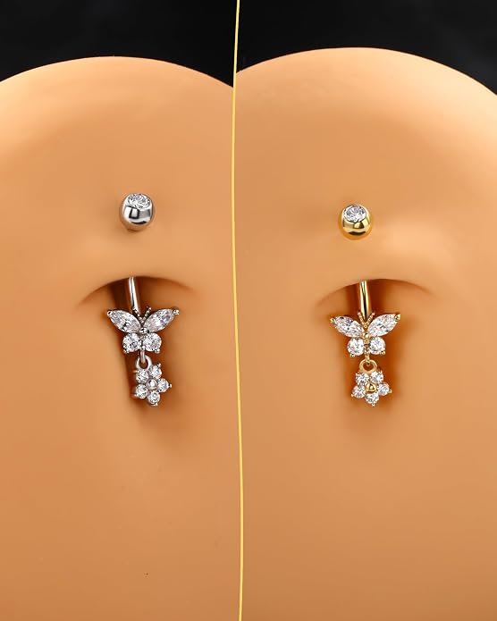 14K Gold Plated Belly Button Rings Dangle Belly Navel Rings for Women 925 Sterling Silver Navel Piercing Jewelry Surgical Steel