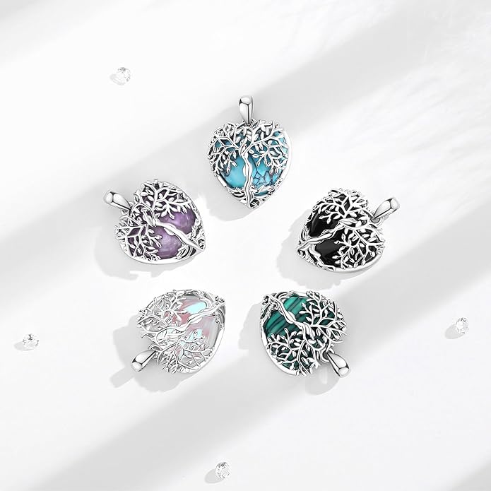 Vito Tree of Life Necklace for Women Men, Silver Plated Copper Teardrop Moonstone/Obsidian/Turquoise/Amethyst/Malachite Crystal Tree Necklace Protection Energy Amulet Jewelry Gift for Mom Wife, 20+2"