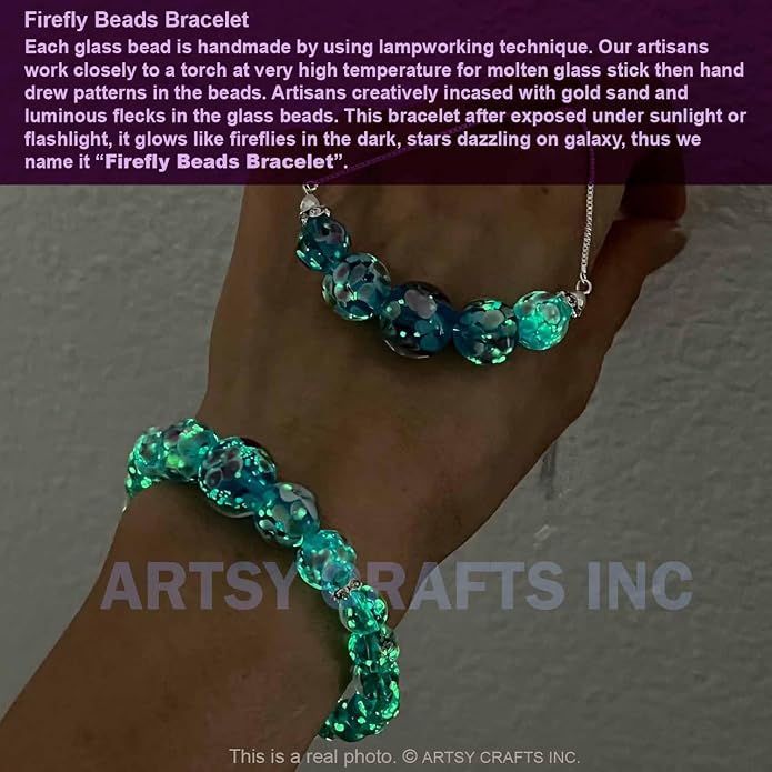 ARTSY Crafts Lily Garden Glow in the Dark Firefly Bead Bracelets Necklaces, Handmade in USA Murano Glass Jewelry, Flower Luminous Beads Mermaid Crystal Bracelet Bangle