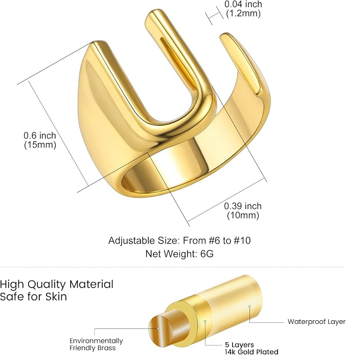 KeyStyle Bold Initial Letter Rings Adjustable, GoldChic Jewelry Women Gold Statement Ring Personalized Engraved Women’s Open Signet Ring for Party (Gold, White Gold, Black)