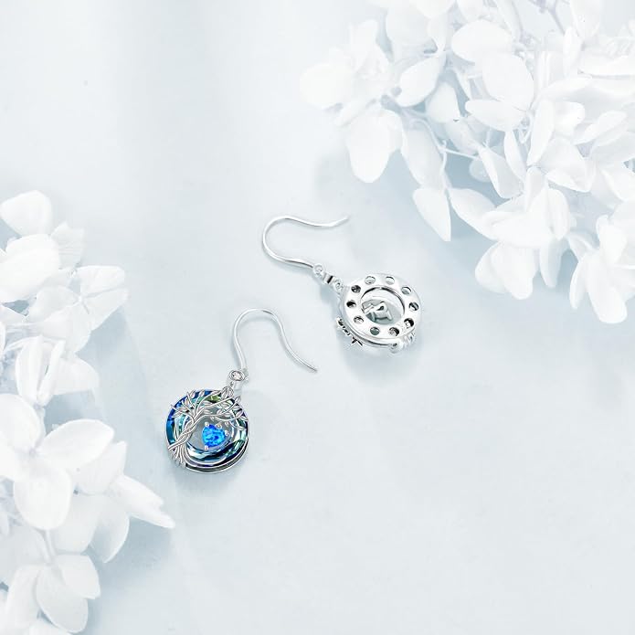 POPLYKE Tree of Life Birthstone Earrings 925 Sterling Silver Dainty Gemstone Birthstone Dangle Drop Earring with Crystal Fine Jewelry Birthday Gifts for Women Her