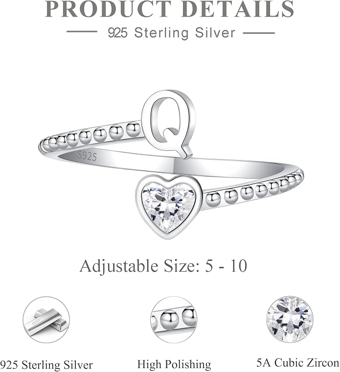 Step Forward 925 Sterling Silver Adjustable Initial Ring for Women | Non Tarnish Letter Rings for Lady | Alphabet Heart Thumb Rings | Capital Letter Jewelry Gifts