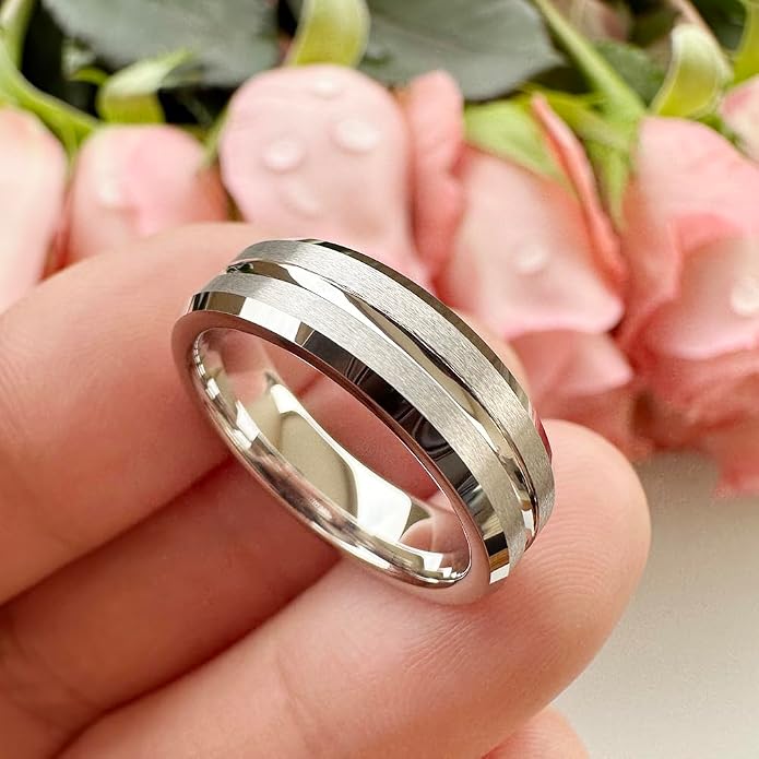 TUTISS 6mm 8mm White Tungsten Rings for Men Women Couple Fashion Jewelry Engagement Wedding Bands Matte Finish Beveled Edges Comfort Fit