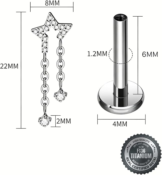 16G ASTM F136 Titanium Flat Back Cartilage Piercing for Helix Labret Stud Internally Threaded Star Double Chain Dangle Earring