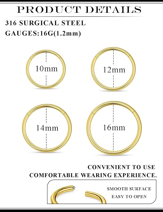 20G 18G 16G 14G 12G 10G 8G 6G Nose Rings Hoops 316l Surgical Steel Clicker Septum Lip Ring Tragus Helix Daith Rook Conch Snug Cartilage Lobe Earrings Hoop Piercing Jewelry For Women Men