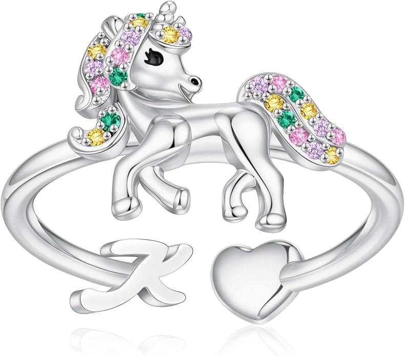 Unicorn Initial Rings for Teen Girls, Rose Gold/White Gold Plated Heart Initial Rings for Girls Adjustable Stackable Rings for Women Diny Heart Ring for Teen Girls Gifts Unicorns Gifts for Girls