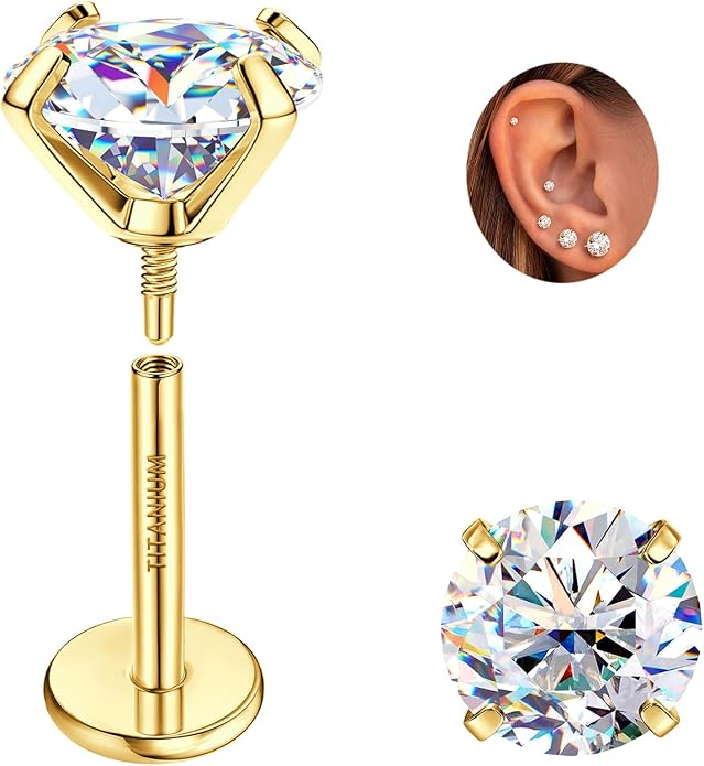 GEMQUEEN Moissanite Earrings G23 Titanium Extended Internal Thread Flat Back Earrings Hypoallergenic Tragus Cartilage Helix Conch Piercing Jewelry for Women Men 18G 6/8mm Post Gray/D Color 0.2-3CT