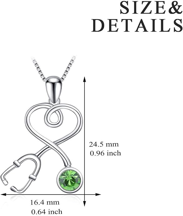 AOBOCO Stethoscope Necklace 925 Sterling Silver Embellished with 12 Months Birthstone Crystals from Austria, Graduation Gifts Medical Jewelry for Doctor Nurse Medical Student RN