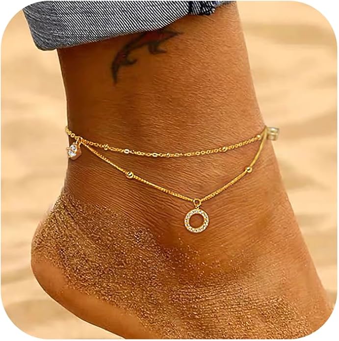 925 Sterling Silver Beaded Anklets for Women 14K Gold Plated Layered Ankle Bracelets Waterproof Cubic Zirconia Circle Charm Anklets Summer Jewelry Birthday Graduation Gifts