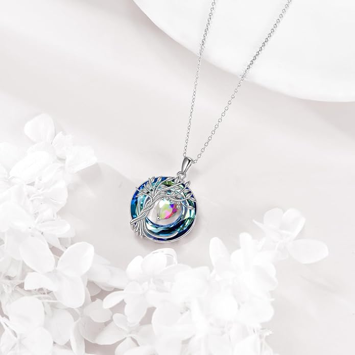 POPLYKE Mothers Day Gifts for Mom Her Wife Tree of Life Necklace 925 Sterling Silver Birthstone Pendant with Crystal Anniversary Birthday Wedding Jewelry for Women