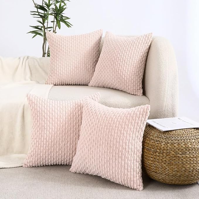 VAKADO Light Pink Decorative Throw Pillow Covers 18x18 Set of 4 Couch Corduroy Christmas Neutral Home Living Room Farmhouse Rustic Cushion Case Decor Boho Square for Bed Sofa