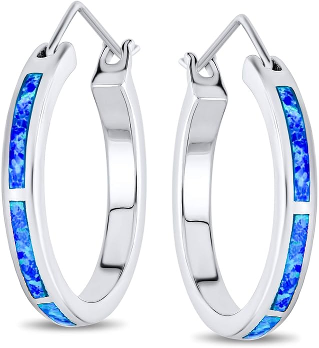 Bling Jewelry White Created Opal Inlay Iridescent Huggie Hoop Earrings .925 Sterling Silver October Birthstone