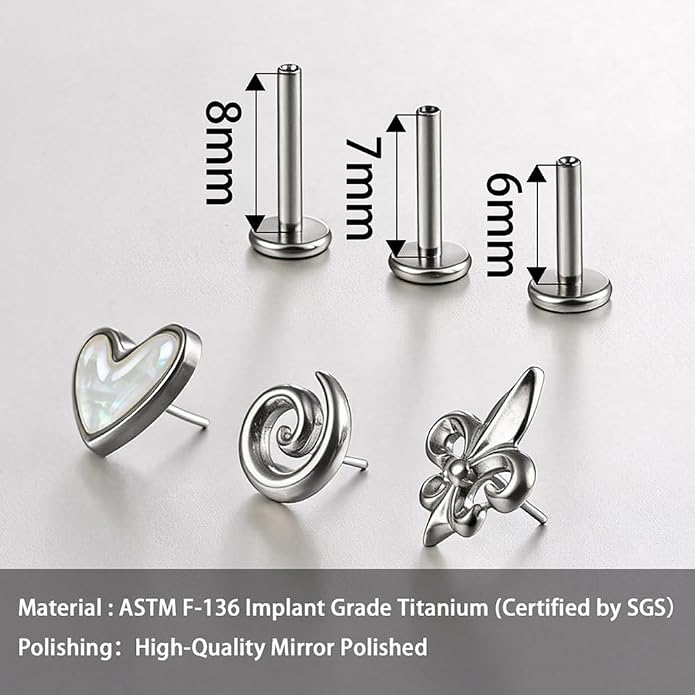 Casvort 3 PCS ASTM F136 Titanium 16G/18G Moth Bird Snail Flower Heart Spiral Threadless Flatback Piercing Stud for Nose, Labret, Tragus, Helix, Conch with 6mm 7mm and 8mm Post- Cartilage Earring Body Piercing Jewelry