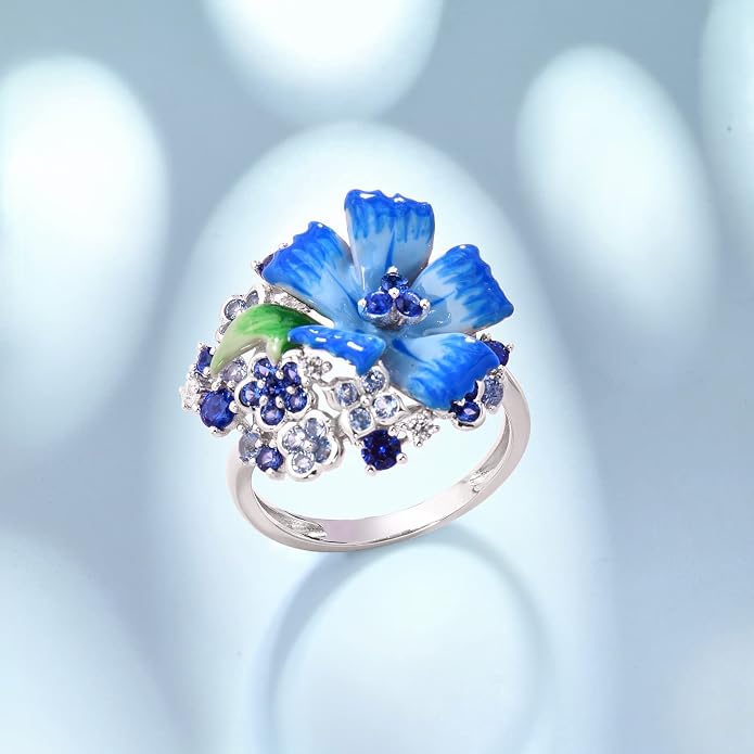 Santuzza 925 Sterling Silver Enamel Flower Ring for Women
