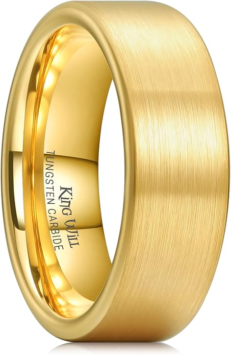 King Will Tungsten Carbide Wedding Band for Men Women-4/6/8mm Width 14K Gold Plated Tungsten Wedding Ring Matte Brushed & High Polished Style Comfort Fit Wedding Band Size 6-14