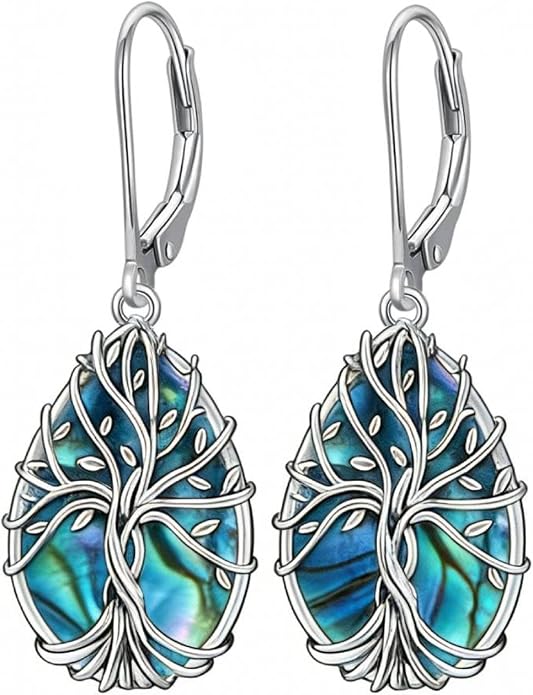 Tree of Life Earrings for Women Abalone Shell Drop Dangle Earrings Hypoallergenic Leverback Earrings Tree of Life Jewelry Gifts for Mom, Nature Lover