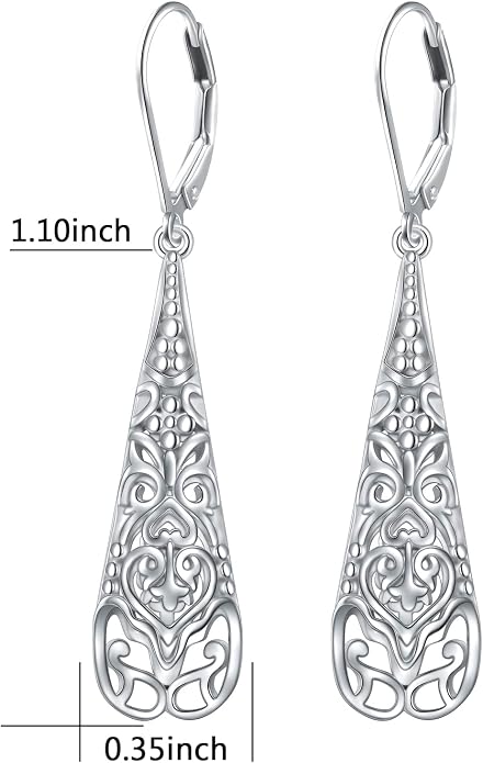 Sterling Silver Leverback Dangle Earrings for Women Teardrop Filigree 14K Gold Plated Dangly Earrings Mother’s Day Gift