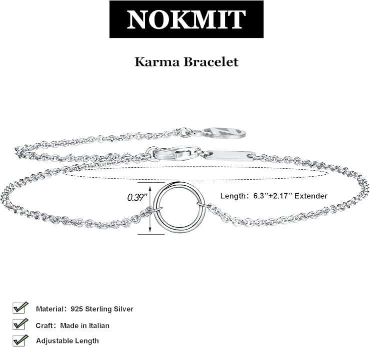NOKMIT Solid 925 Sterling Silver Bracelets for Women, Dainty Interlocking Circles Cubic Zirconia Adjustable Chain Bracelet, Trendy Stackable Link Bracelets, Simple Cute Jewelry Gifts