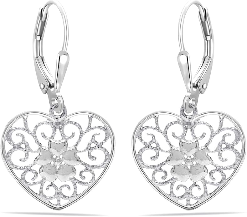 Charmsy 925 Sterling Silver Filigree Earrings for Women | Lightweight Diamond-Cut Openwork Leverback Dangle Earrings | Romantic Jewelry Gifts for Women