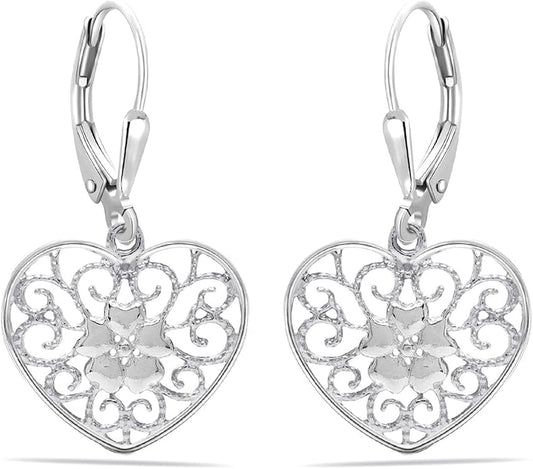 Charmsy 925 Sterling Silver Filigree Earrings for Women | Lightweight Diamond-Cut Openwork Leverback Dangle Earrings | Romantic Jewelry Gifts for Women